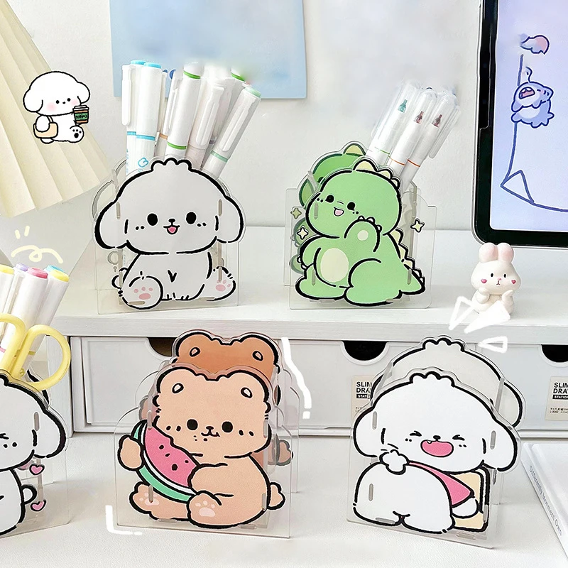 Cute Puppy Acrylic Pen Container Students Transparent Pen Holders Desktop Stationery Organizer Storage Bucket