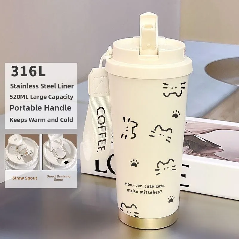 Cute  Design Large Capaci Double-Sided St Thermos Coffee Cup High Aesthetic Value Portable Sports Water Bottle for Women