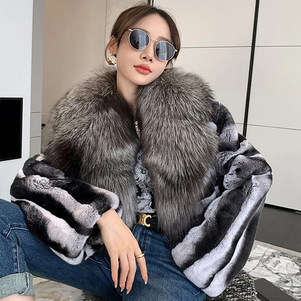 Women's Hooded Genuine Rex Rabbit Fur Jacket Chinchilla Color Real