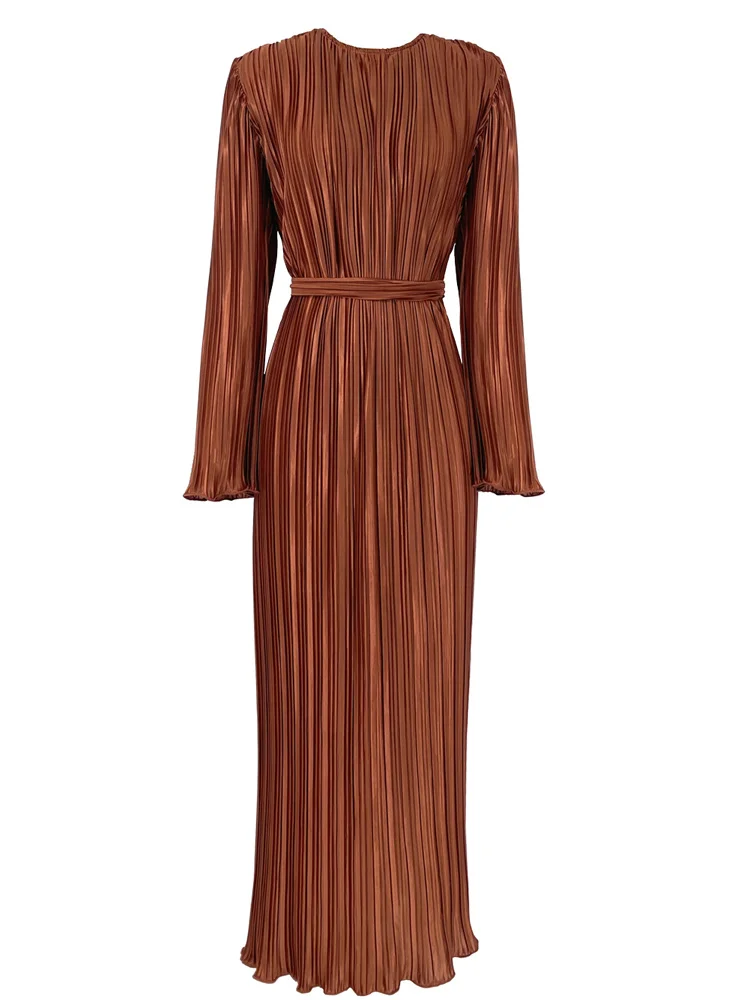 Vestido largo acanalado con volantes y cordones para mujer, manga larga, cintura alta, elegante, para fiesta, otoño, estilo vendaje