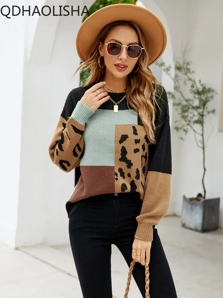 

2023New Autumn Winter Leopard Print Ladies Loose Knit Pullover Round Neck Fashion Street Style Long Sleeve Blouse Ladies Sweater