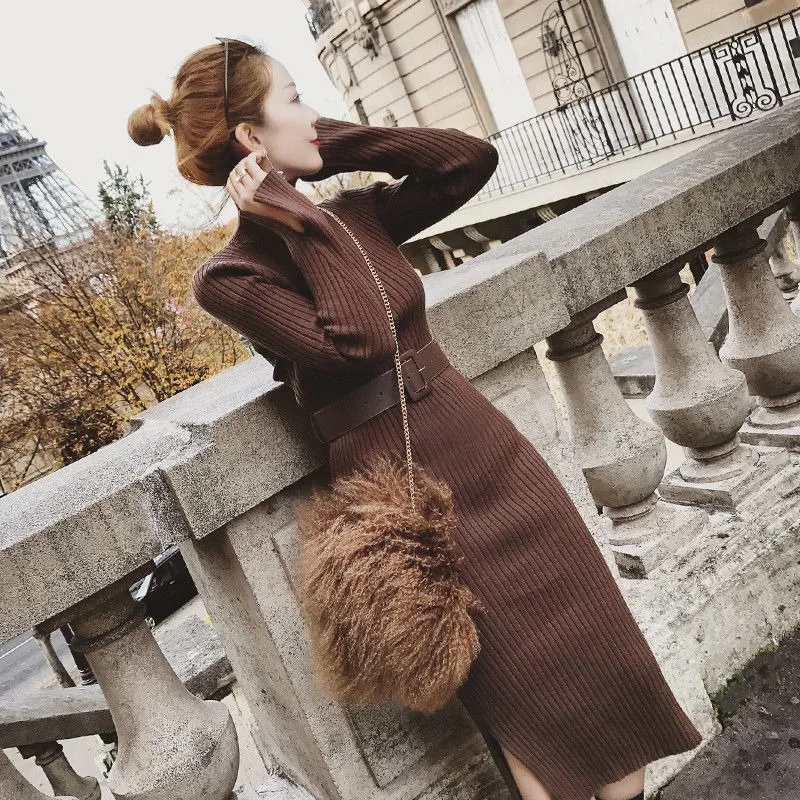 

Long knee-length bottomed woolen dress for women autumn and winter decoration body wrap buttocks high neck split knit dress tops