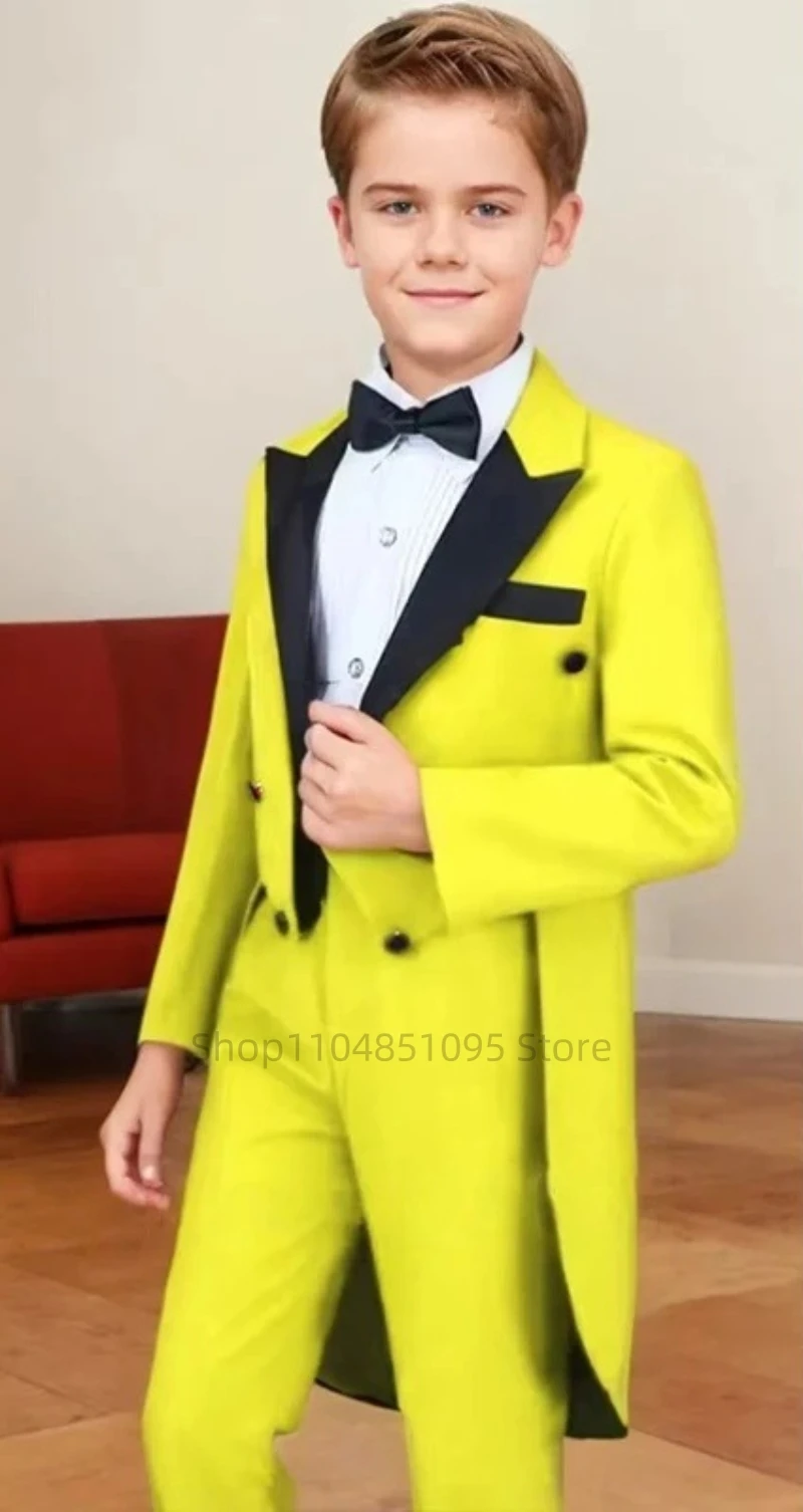 Solid 2 Pieces Boy Tailcoat Suits Children Peak Lapel Long Jacket Pants Sets Flower Boys Formal Party Suit Kids Wedding Tuxedo