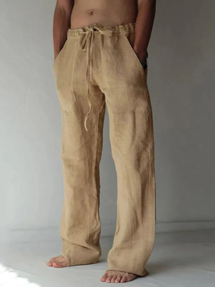 Men's Linen Pants Solid Color Casual Pants Fashion Straight-Leg Trousers Baggy Pants