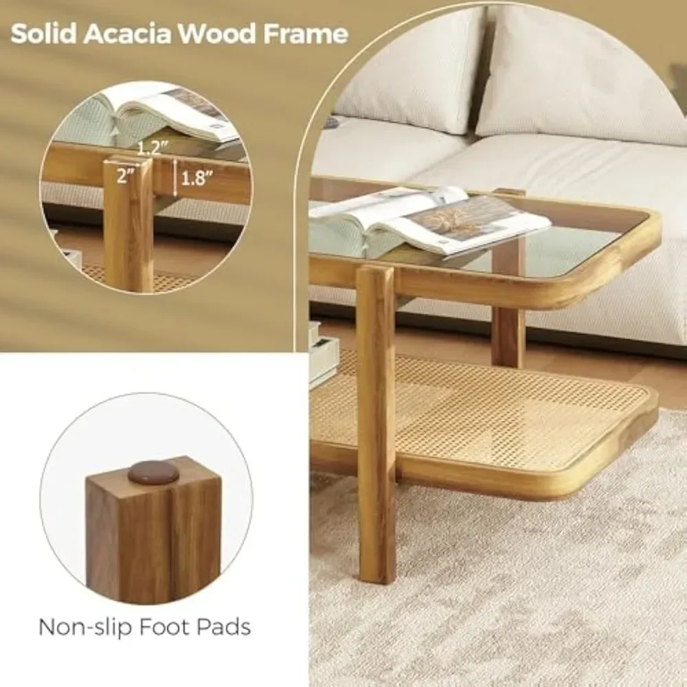 Coffee Table, 47.5" Rectangle Solid Wood Tea Table w/Tempered Glass Tabletop&PE Rattan Storage Shelf, 2-Tier Boho Coffee Tables 3