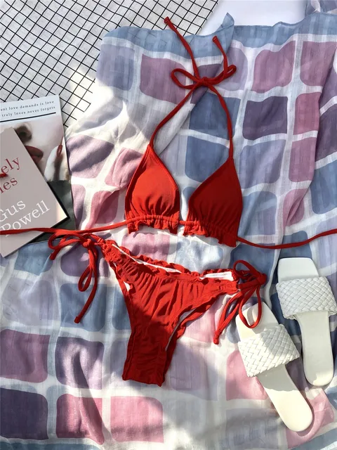 Maillot de bain femme 2 pièces couleur néon, vert, côtelé, triangle, deux pièces, bikini – Image 6