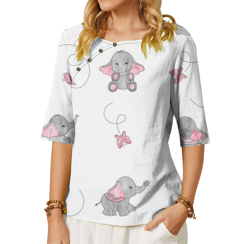 

CLOOCL Women T-shirt Pink Elephant Pattern 3D Printed Button Decorate Crew Neck Middle Sleeve Tee Summer Casual White Blouse