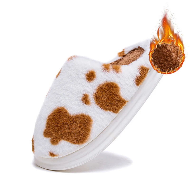 Cute Cow Spots Cotton Slippers for Women Round Toe Thick Sole Plush Slippers Woman Soft Faux Fur Warm Shoes Slides Female Winter