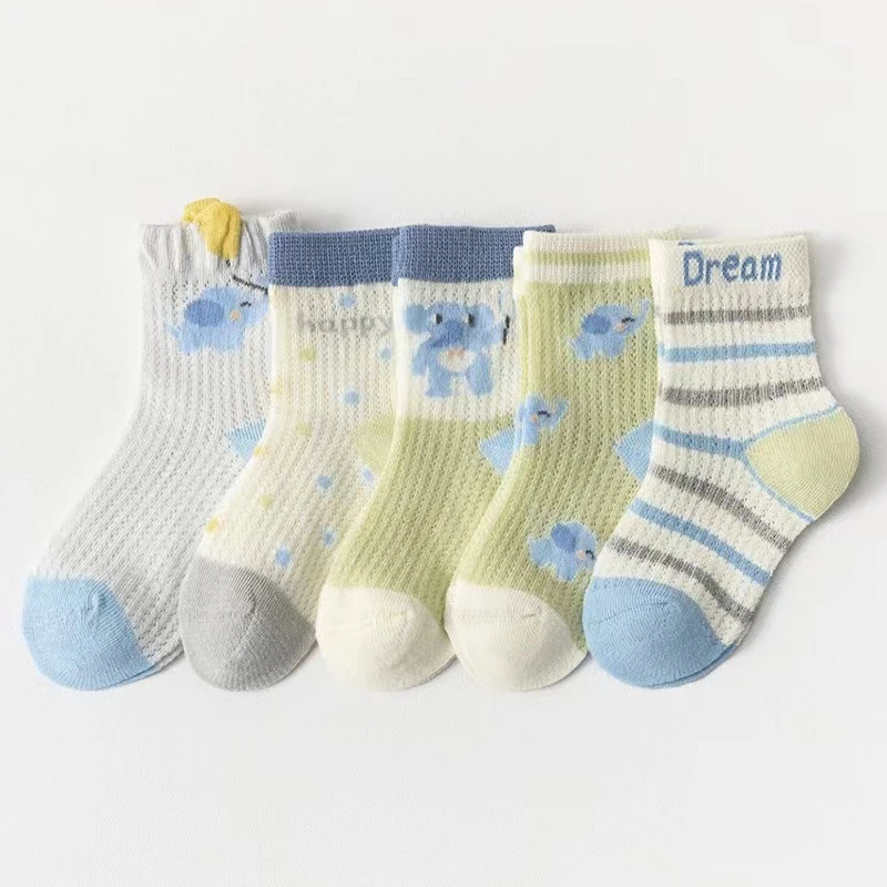 

5 Pairs Of Mesh Thin Children's Summer Mid-calf Sports Socks Cartoon Cute Casual Breathable Soft Socks For Baby Boys And Girls