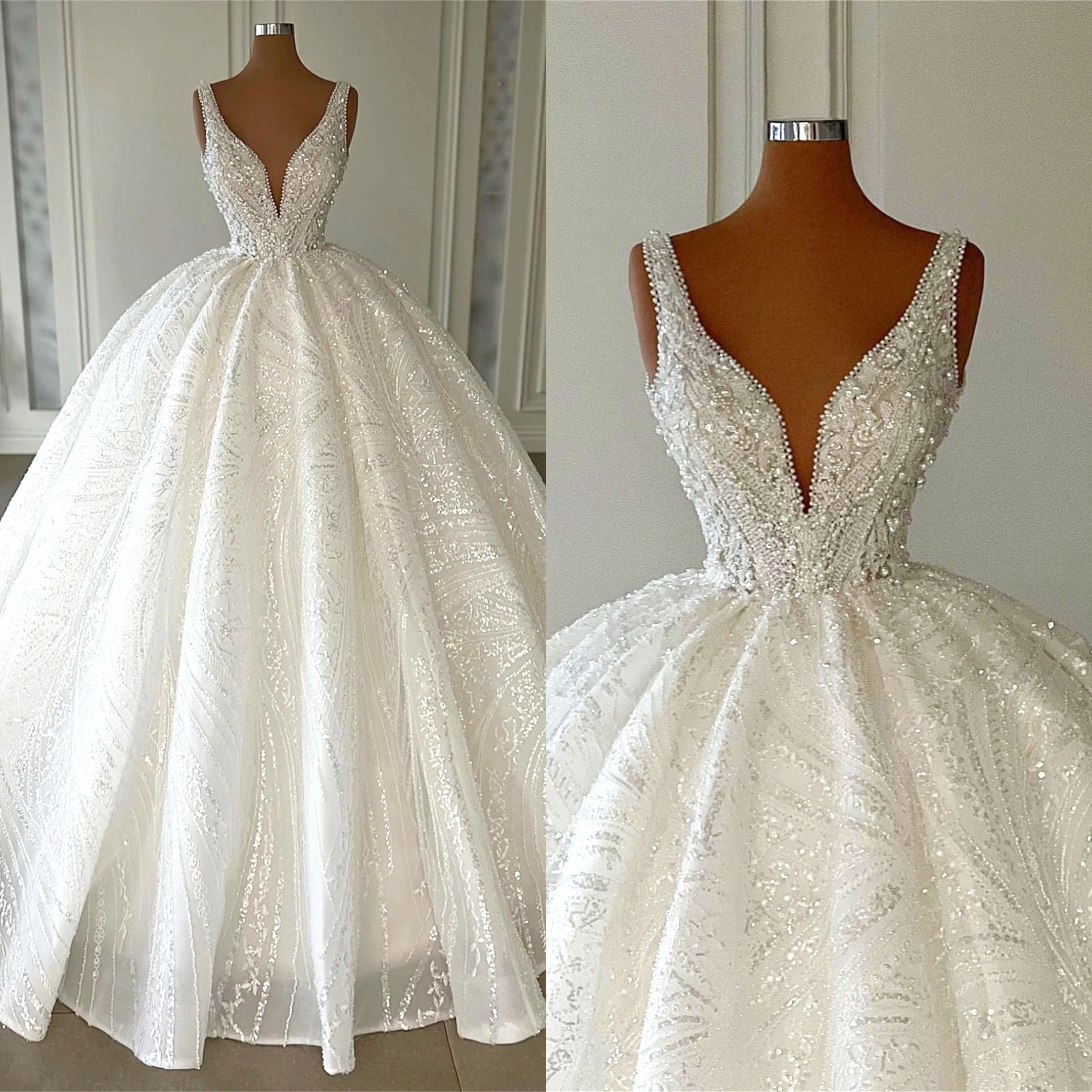 

Luxury Ball Gown Wedding Dress For Women V-Neck Sleeveless Bridal Gown Sweep Train Sequins Pearls Dresses Custom Made