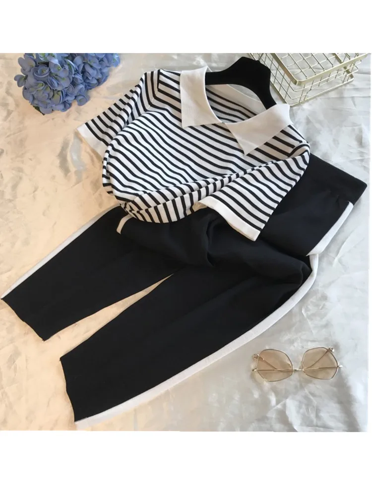 SMTHMA Two Piece Set Women Summer Knitted Striped Short Sleeve T Shirts+Stretch Waist Full Length Pants women's sets Women's Sets