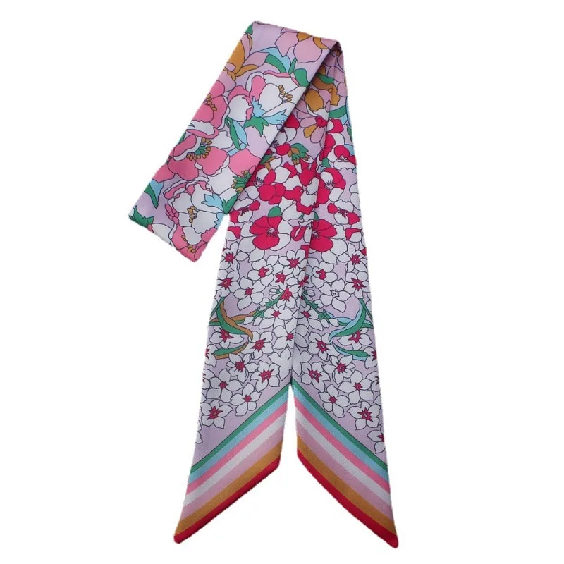 Small Floral Wrap Silk Scarf Variable Stripes Imitated Silk Printed Silk Scarf Women's Small Ribbon Headband Ribbon Scarf 3