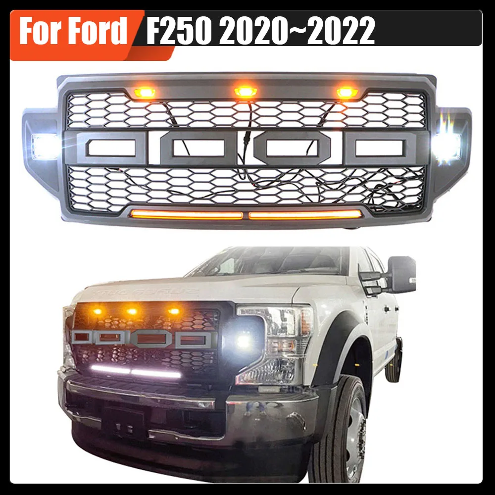 

For Ford F250 2020~2022 Car Replace Front Racing Grille Grill W/LED Matte Black Or Grey ABS Auto Bumper Mesh Cover Trims