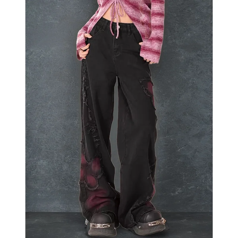 여성용 블랙 고딕 배기 청바지, 하라주쿠 Y2k 미적 나비 데님 바지, 한국 진 바지, 빈티지 2000 년대 쓰레기 옷