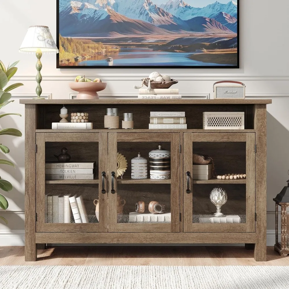 Sideboard Buffet Cabinet with Storage and 3 Glass Door, 55.5 Vintage Kitchen Storage Cabinet Buffets & Sideboards 6