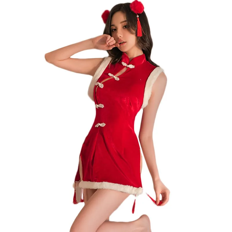 SXTHAENOO Open Type Women Plush Retro Christmas Outfit Tempatation Split Sexy Red Cheongsam Cute home Dress Sleepwear Lingerie
