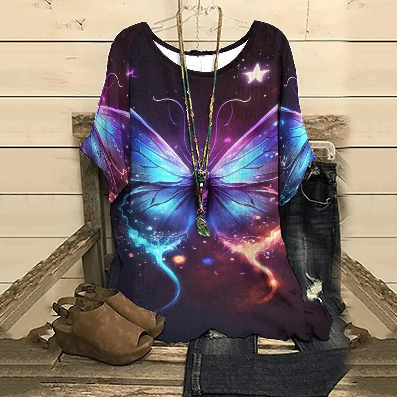 

Women's Fashion Short Sleeve Tee Glowing Aurora Butterflies Print T Shirt Goth