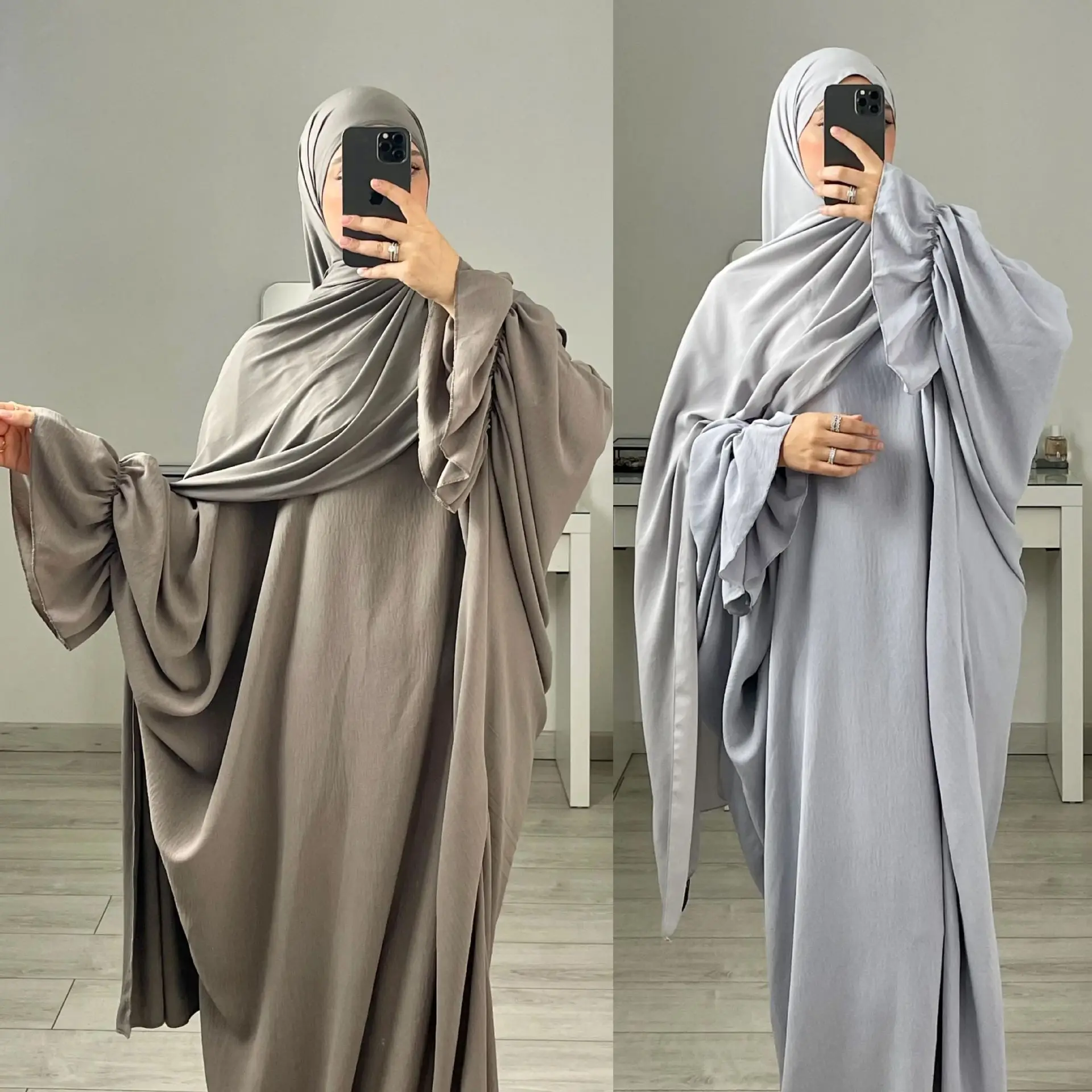 Ramadan Abaya for Women Crepe Crinkle Batwing Plain Muslim Hijab Dress Islamic Prayer Clothing Turkish Dubai Kaftan Robe Jilbab