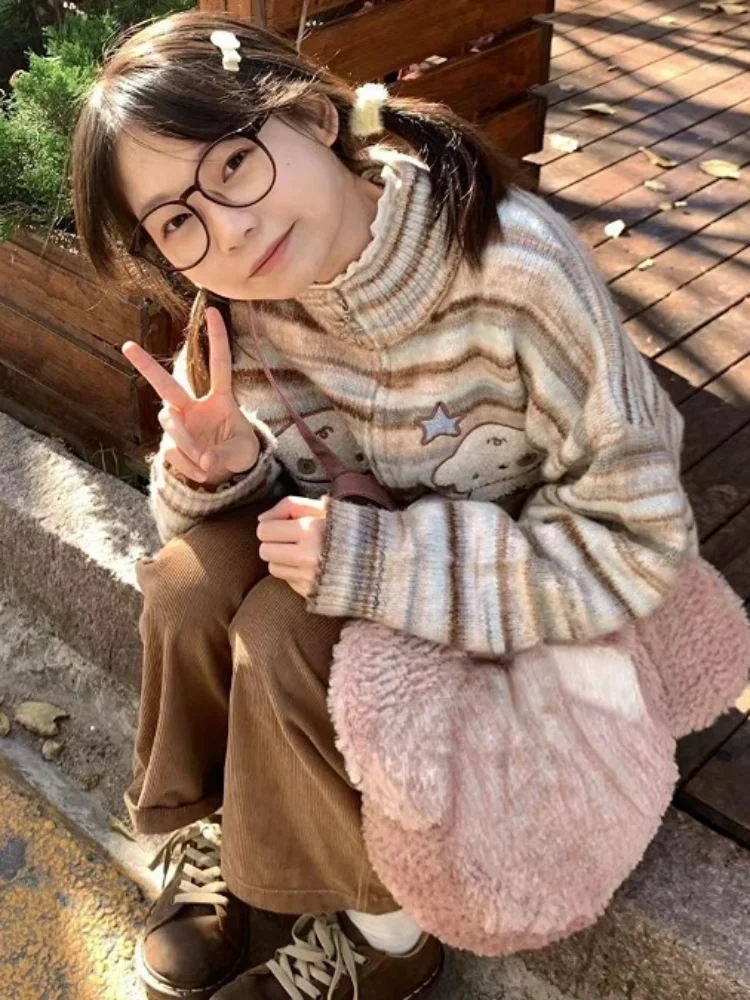 Y2k 미적인 일본 니트 가디건, 귀여운 강아지 자수, 하라주쿠 팜므 스트라이프 프레피, 가을 지퍼