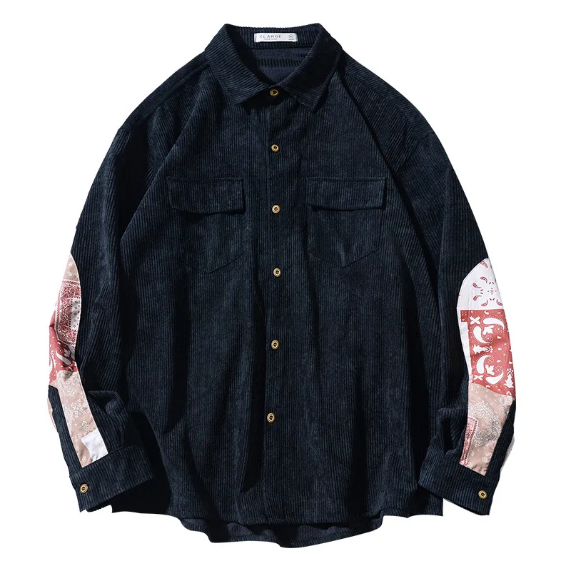 Corduroy Shirts Men Women Autumn Loose Designer Bandana Patchwork Casual Fashion Harajuku Streetwear Long Sleeve Shirt for Men
