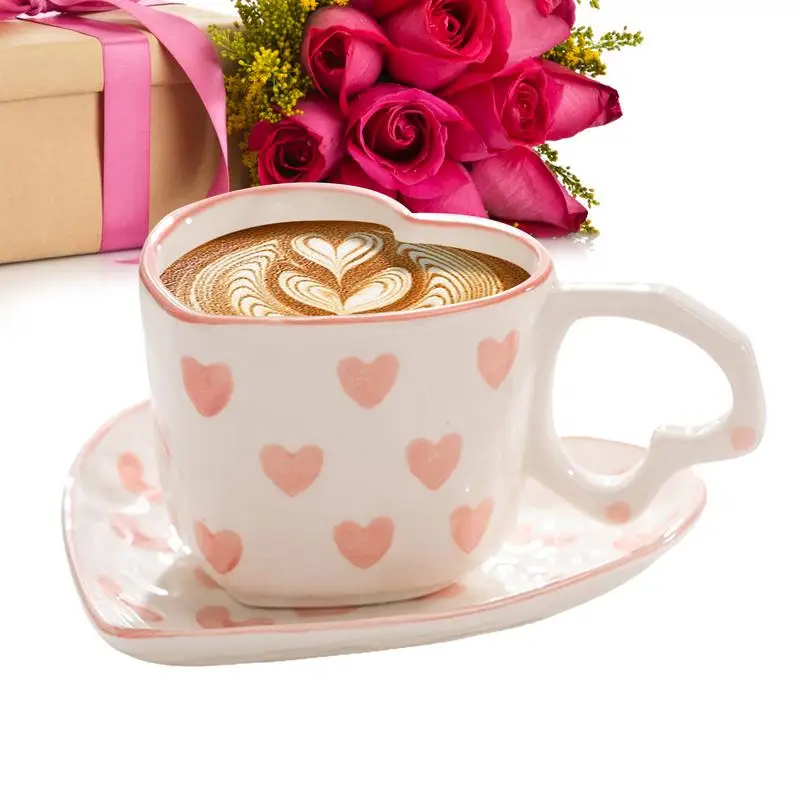 

250ml coffee mug ceramic Romantic Design Teacup with saucer romantic Heart Shaped Mugs cute milk tea coffee drinking supplies