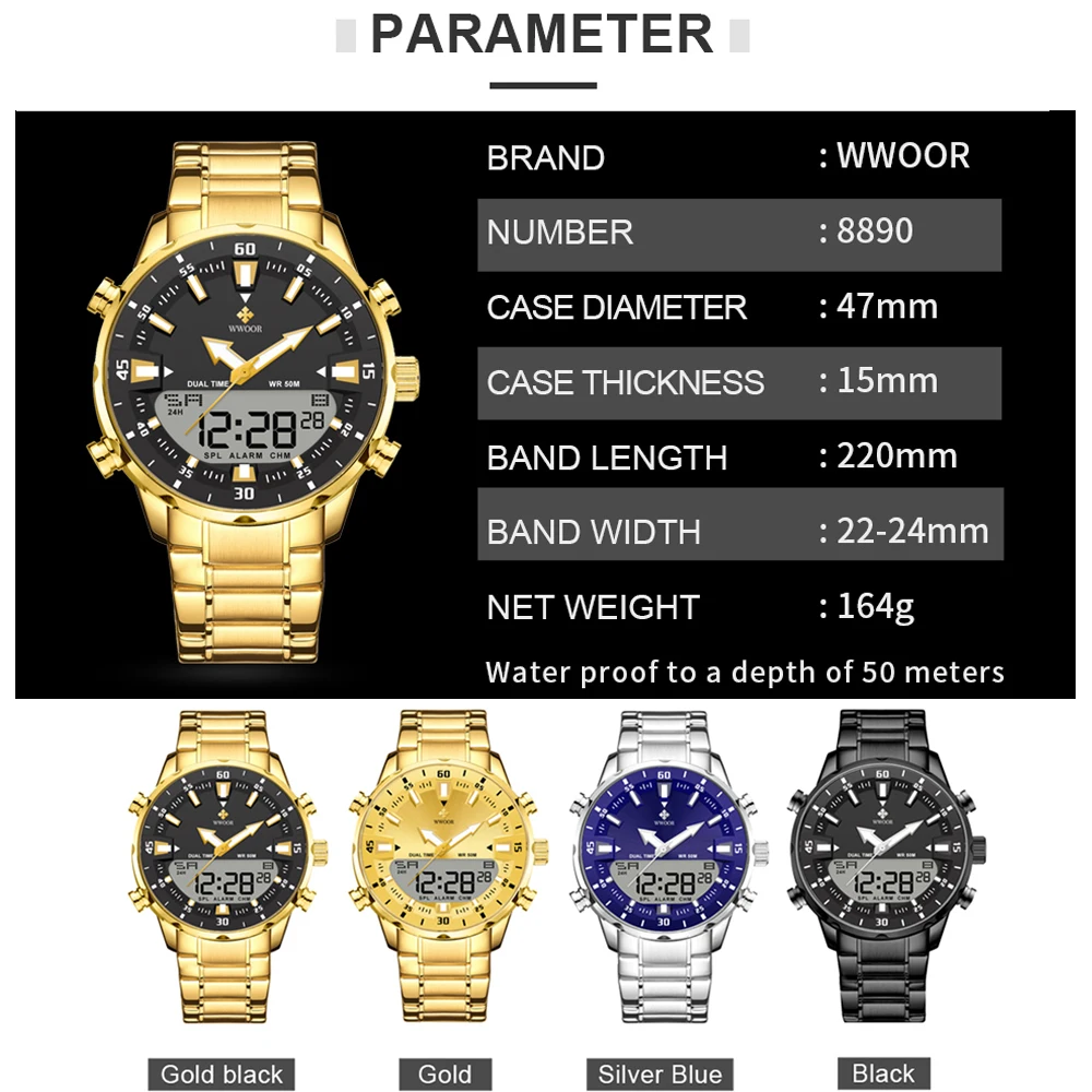 WWOOR Luxury Men's Sports Digital LED Quartz Waterproof Watch