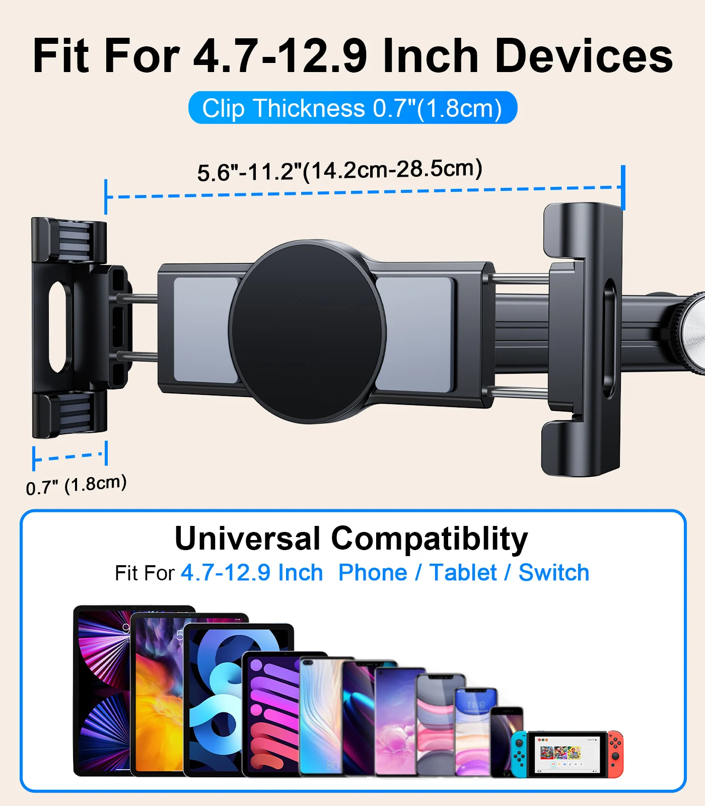 Eary Tablet Holder Mount for Car Headrest Back Seat 360 Rotate Phone Stand Long Arm Adjustable With 2 Hook Fit for 4.7-12 Device