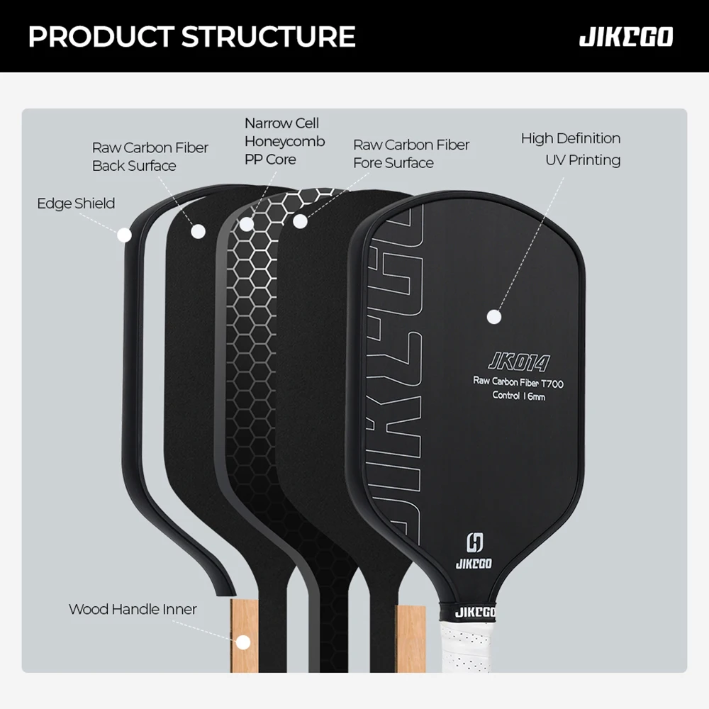 Hybrid CFS Pickleball Paddle JIKEGO JK014 Raw Carbon Fiber 16mm 5.5 inch Grip Ultra Spin Control Pickle Balls Racket Cover
