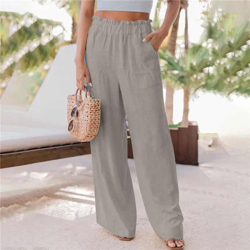 Casual Harajuku Solid Fashion Elastic Waist Woman Trousers Pocket 2022 Office Lady Loose Summer Wide Leg Long Pants Dropshipping