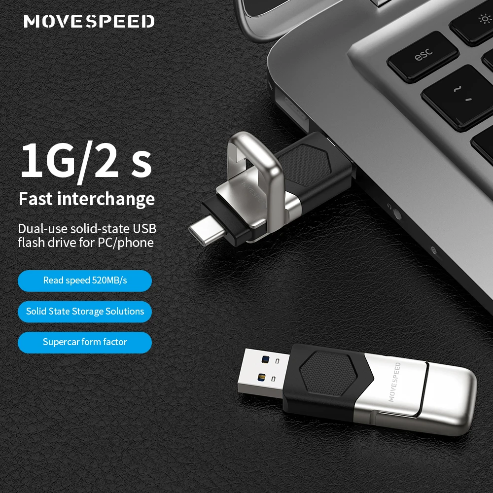 MOVESPEED-Unidade Flash USB de Alta Velocidade para Telefones, Laptop, Telefones PC, USB 3.2 Gen 2, Tipo C Pen Drive 2 em 1, 550 MBps, 512GB 256GB 128GB, 1TB