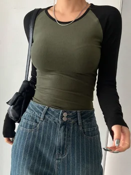 Slim Color Block T-Shirt, Casual Crew Neck Long Sleeve T-Shirt For Spring & Summer, Women's Clothing 1