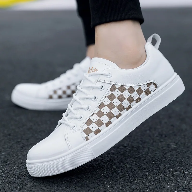 Plaid Leather Men Casual Shoes Outdoor White Men's Sneakers Comfort Male Flats Lace Up Jogging Breathable Board Shoes New