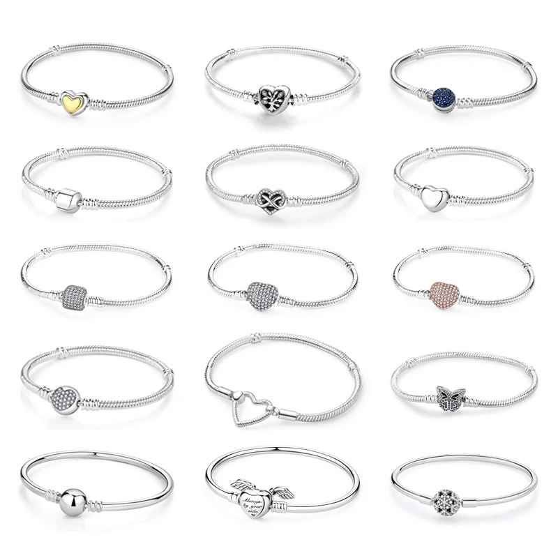 Original 925 Sterling Silver Bracelet for Women Charms Beads Rose Gold Heart Bangles Snake Chain Luxury Jewelry Gift
