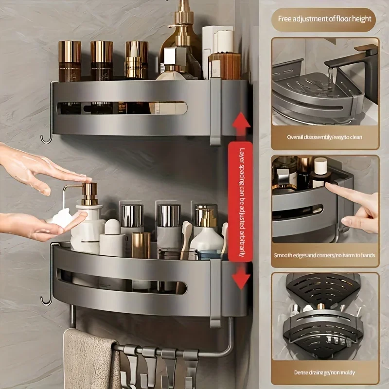 Bathroom corner shelf storage rack Space Aluminum Non Perforated Bathroom Wall Hanging Corner Storage Rack Triangular Basket
