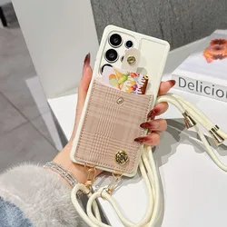 Floral Plaid Wallet Strap Case with Crossbody Cord and Card Holder - Elegant Lanyard Bag Cover - S24 Plus (White taoqi)