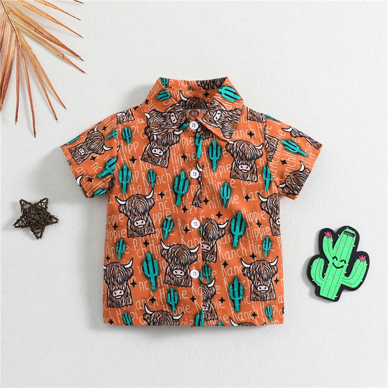 Children Shirts Baby Boys Button Up T-shirt Casual Cow's Head Print Lapel Short Sleeve Tops Toddler Summer Clothes Shirt