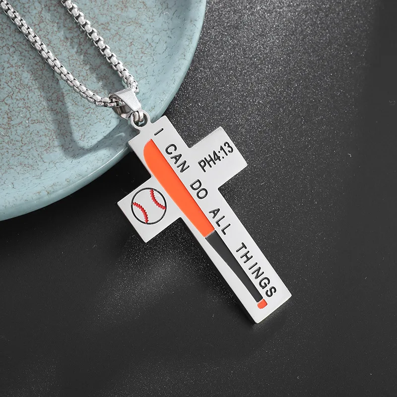 Stainless Steel Baseball Cross Necklace for Men