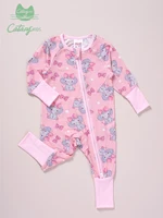 Bamboo Fabric Cute Elephant Print Jumpsuit, Comfy Zip Up Long Sleeve Romper, Toddler & Infant Girl's Bodysuit 1