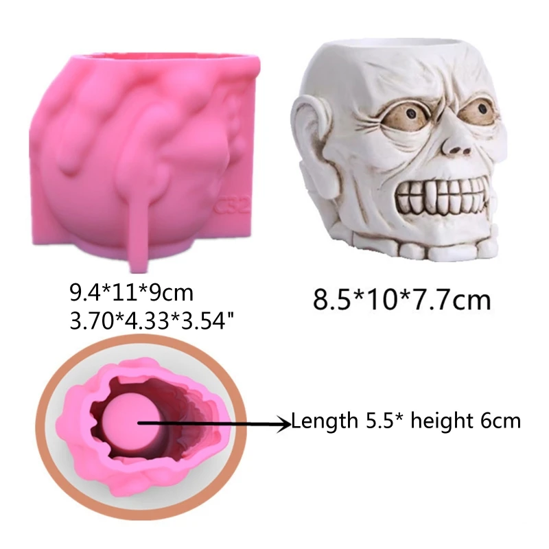 Y4QE Diy Skull Flower Pot Silicone Mold Cement Flower Pot Abrasive Tools Concrete Skull Flower Vase Mold Polymer Clay Decor