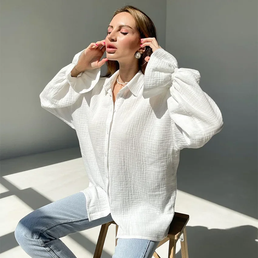 Elegant Women's Shirt Top 2023 New White Single-Breasted Shirt Pure Cotton Casual Trumpet Sleeve Long-Sleeved Commuter Shirt Top