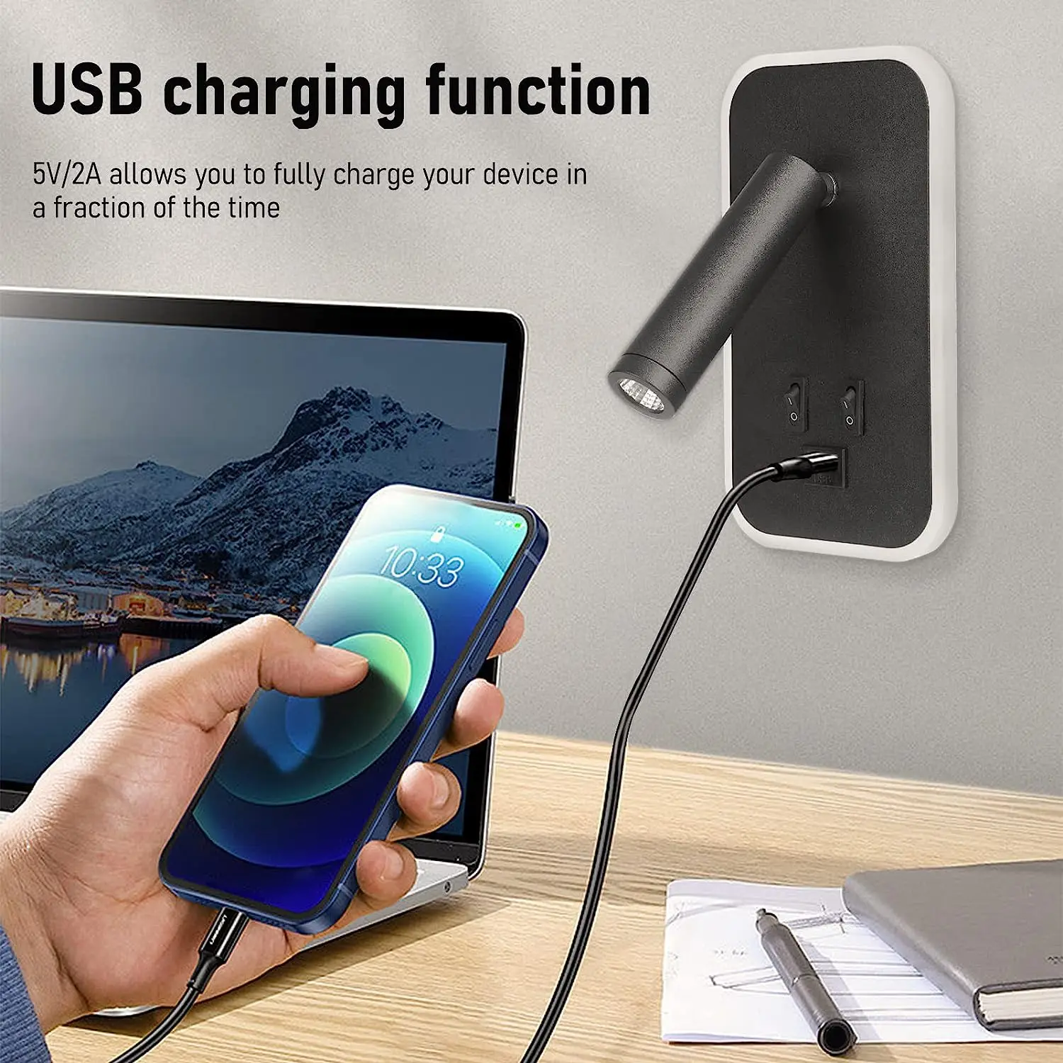 침대 옆 벽 램프, LED 벽 조명, 스위치 및 USB 포트 장착 독서등, 회전식 벽 스콘스 스포트라이트