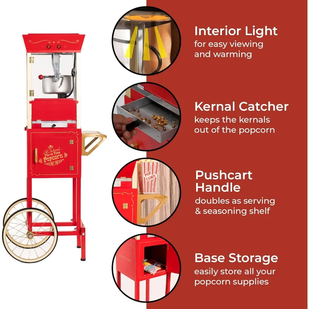 Popcorn Maker Machine, Professional Cart With 8 Oz Kettle Makes Up to 32 Cups, Vintage Popcorn Machine Movie Theater Style-Red