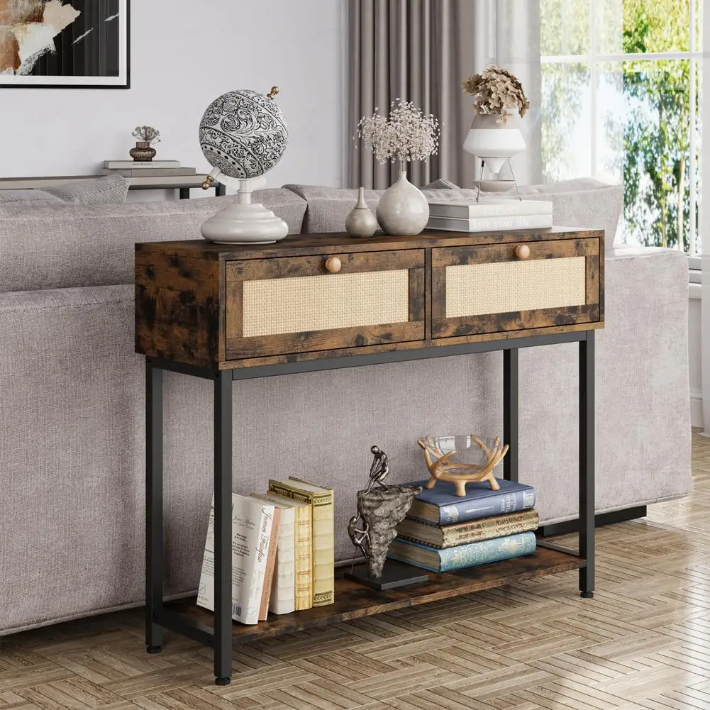 Rattan console sale table with shelf