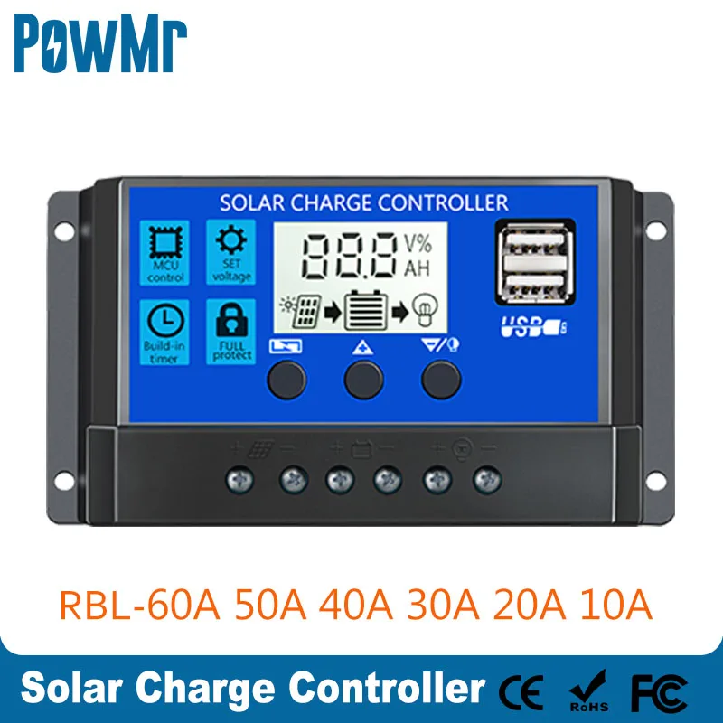 Powmr Solar Charger Controller 60A 50A 40A 30A 20A 10A 12V 24V Caricabatteria Usb Pannello Solare Regolatore Per Max 50V Pv Input