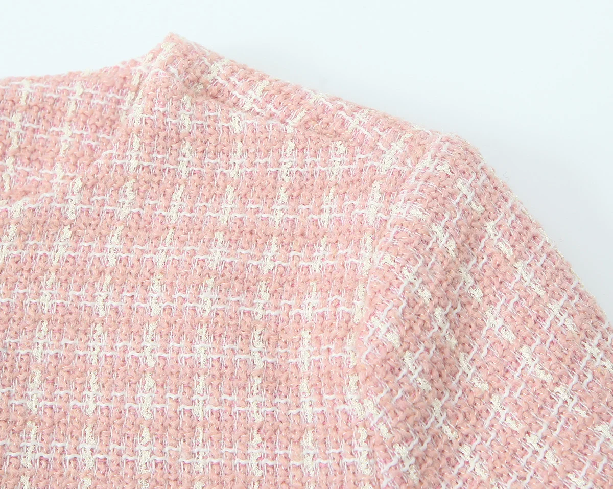 2 pieces 1 Set French Style Retro Pink Plaid Woven Tweed Blazer + High Waist Mini Shorts Pants Suits