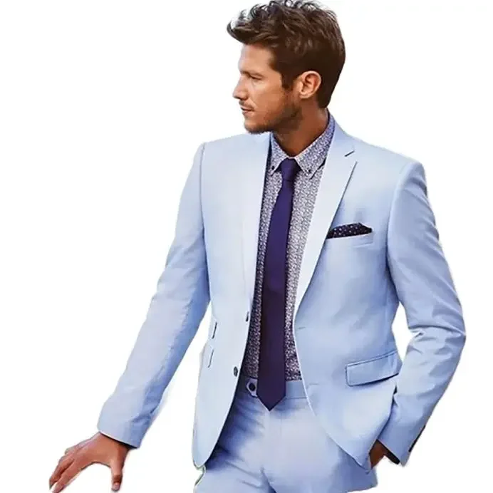Fashion Sky Blue Smart Casual Suits Wedding Groom Tuxedo Slim Fit  Blazer Hombre High Quality Custom 2 Piece Set Costume Homme