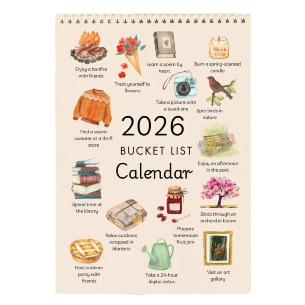 Cartoon Simple Style Bucket List Calendar Notes Planning Pattern 2026 Wall Calendar Wish list Colorful Desktop Calendar Gifts