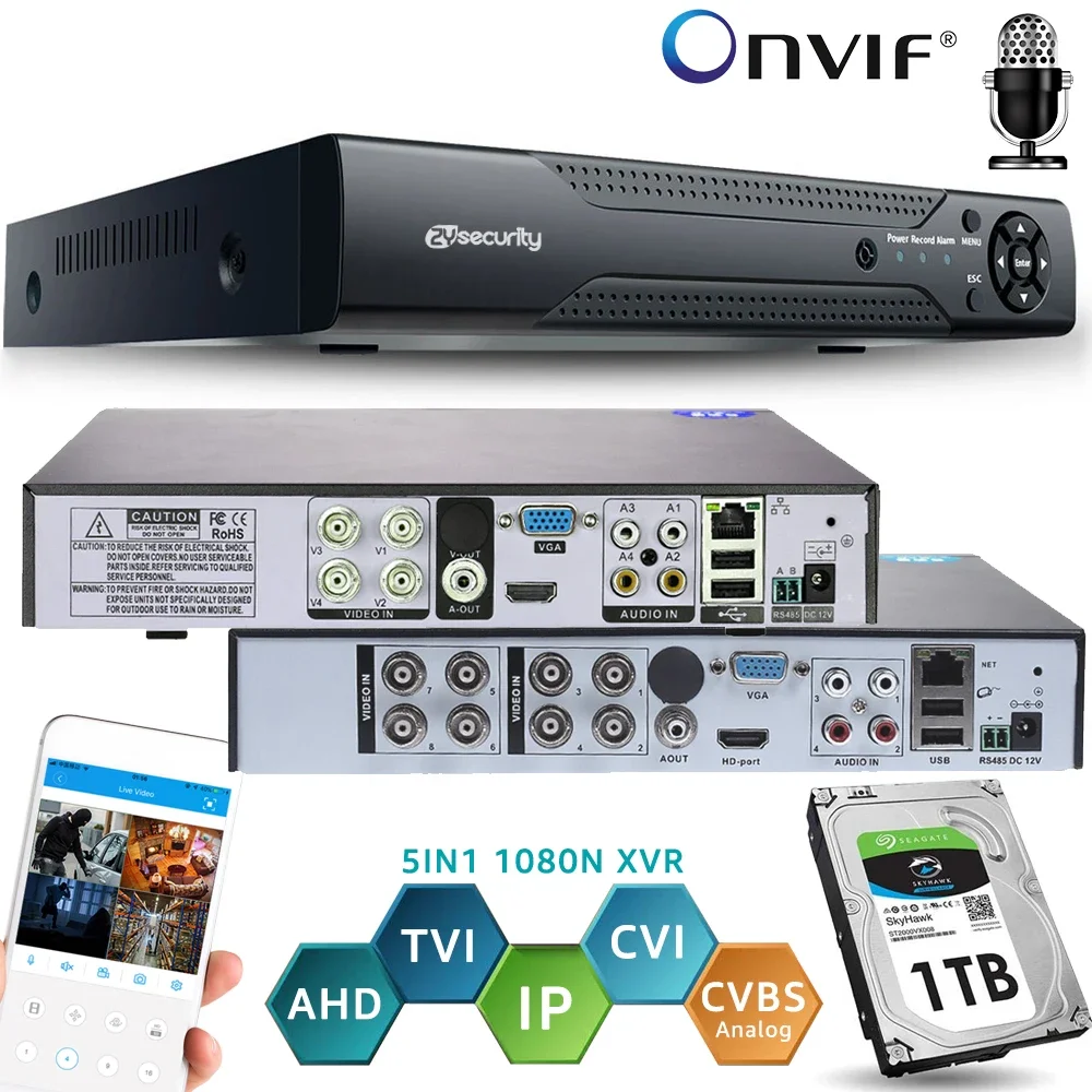 

4CH 8CH Onvif CCTV DVR Hybrid Recorder H.264 1080N 5IN1 XVR for AHD Camera Analog TVI CVI Camera NVR For IP Cmaera Support Audio