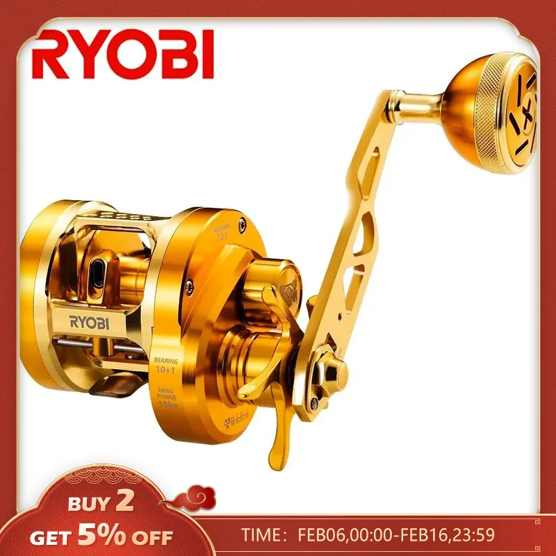 Ryobi Varius Slow Jigging Mulinelli Da Pesca 10 + 1Bb Max Drag15Kg Gear Ratio7.0:1 Full-Metal Gold Body Traina Mulinello Da Pesca In Acqua Salata