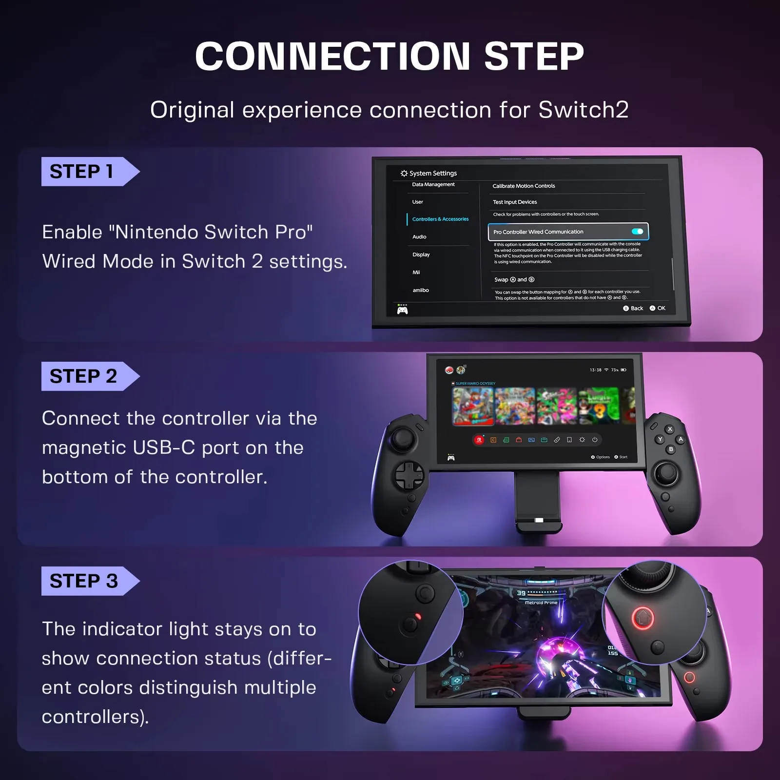 For Switch 2 Wired Game Controller With Bracket Intelligent Low Latency RGB Colorful Controller Three-axis Body Sensation - 6